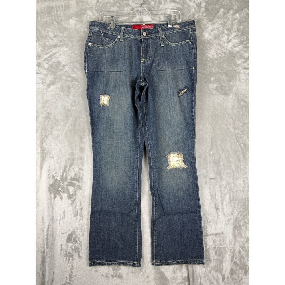 VTG Guess Jeans Womens Blue Bootcut Denim Pants Distressed‎ Patch Detail Size 32